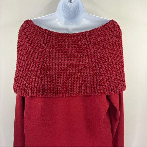 Michael Kors Red‎ Chunky Knit Off The Shoulder Sweater Size 0X High Low Top - Picture 6 of 10